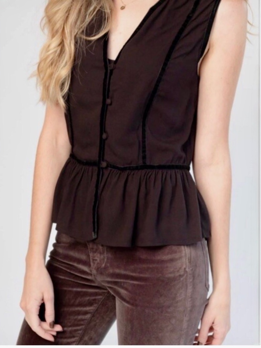 FRAME DENIM Trim Peplum Sleeveless Top Black Velvet Noir Blouse XS Small NWT NEW